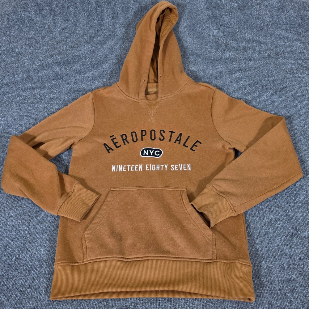 Y2K Aeropostale NYC 1987 Graphic Pullover Hoodie Brown Mens Small 2000s Flaw